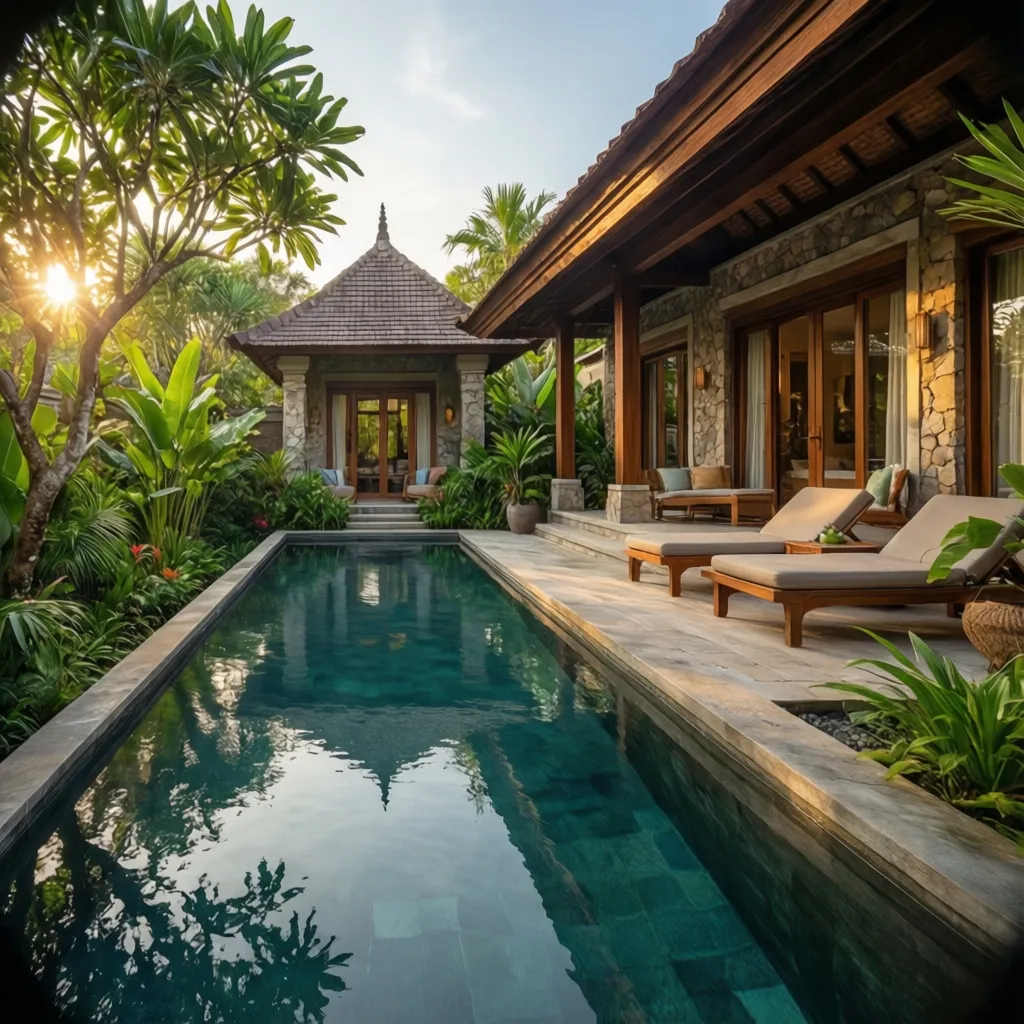 Tropical luxury resort villa with private pool surrounded by greenery