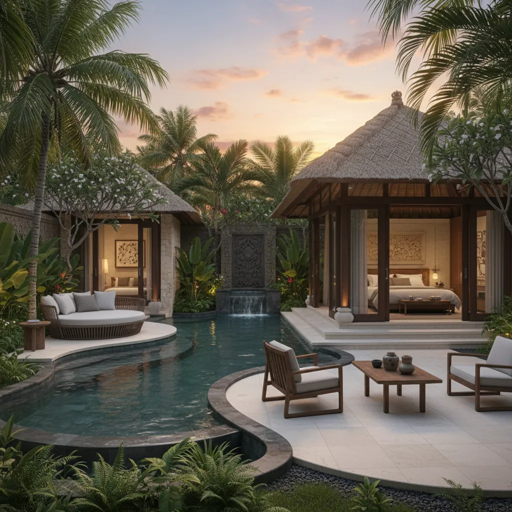 tropical resort private pool suite surrounded by greenery and luxury lounge furniture
