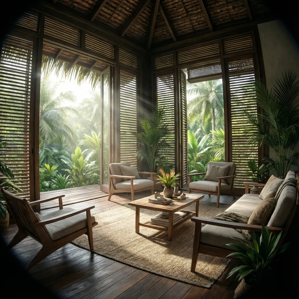 Tropical house windows positioned for natural cross ventilation