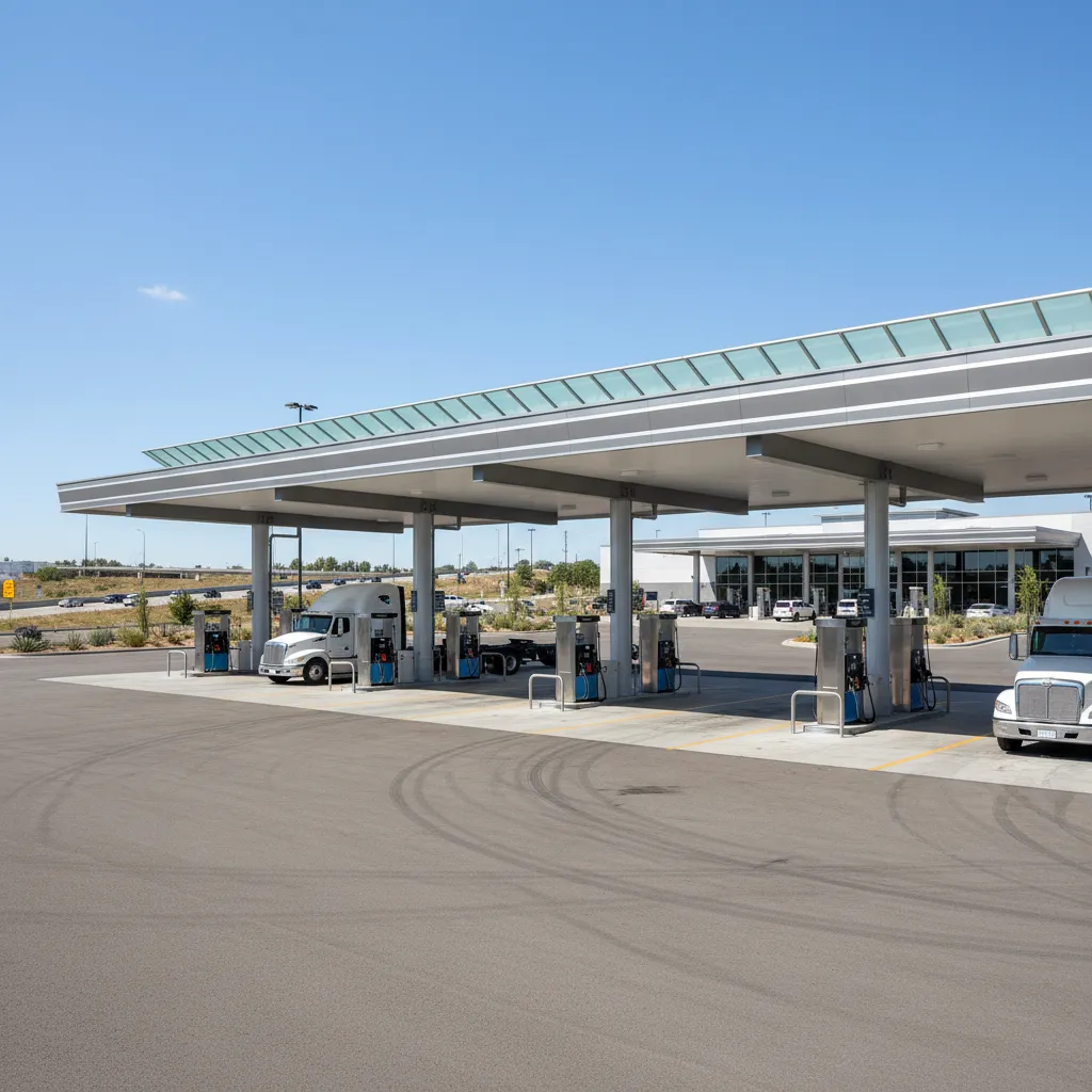 truck stop diesel fuel islands with canopy and semi trucks fueling