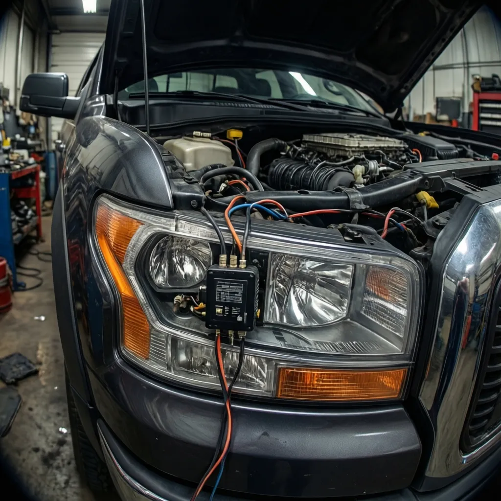 truck headlight wiring exposed during strobe light installation