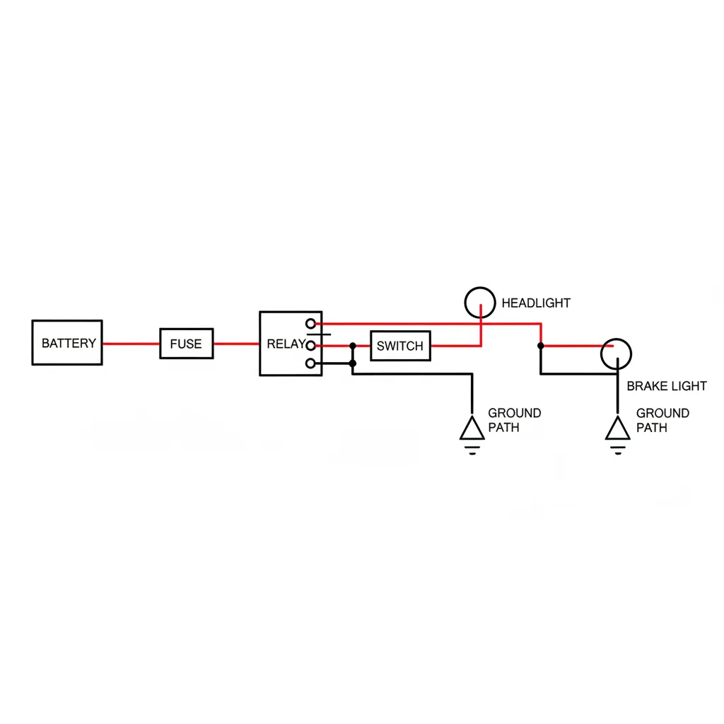 Simplified truck headlight and brake light wiring diagram showing fuse relay and ground