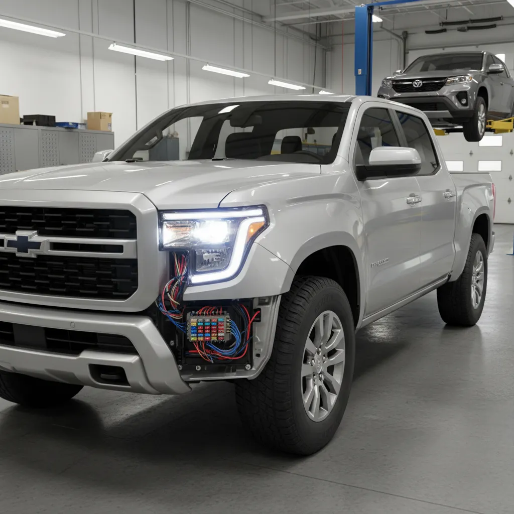 Pickup truck front lighting system with headlights and wiring components highlighted