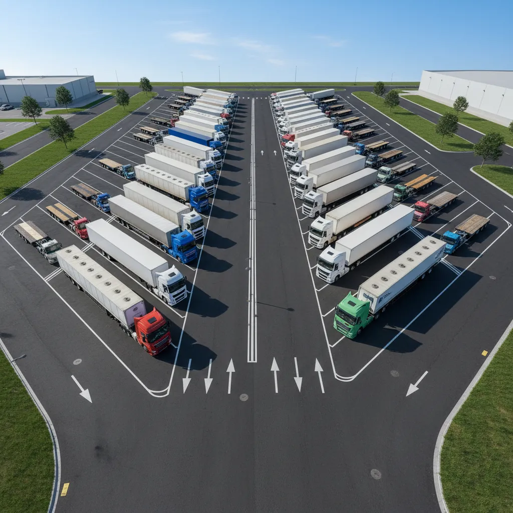 angled semi truck parking layout with wide maneuvering aisle