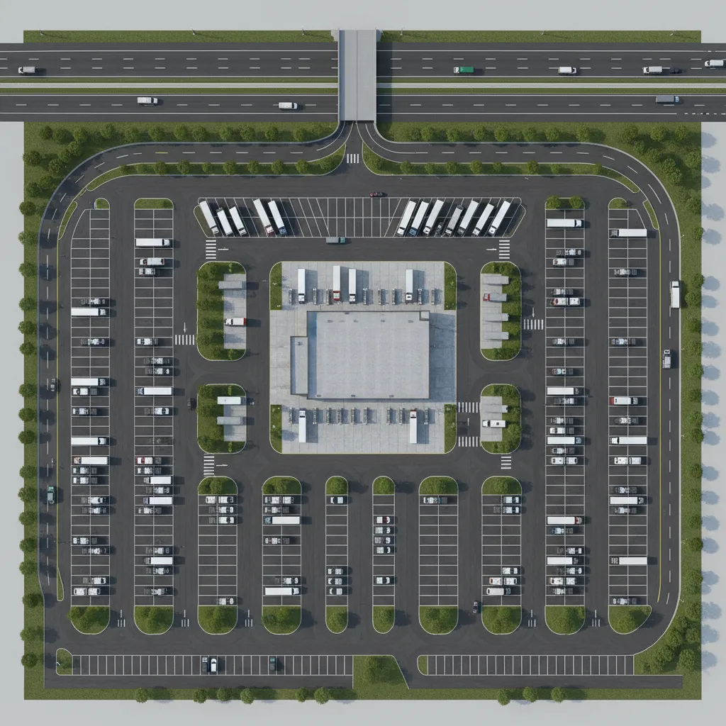 Overall truck stop site layout with fuel area parking and service building