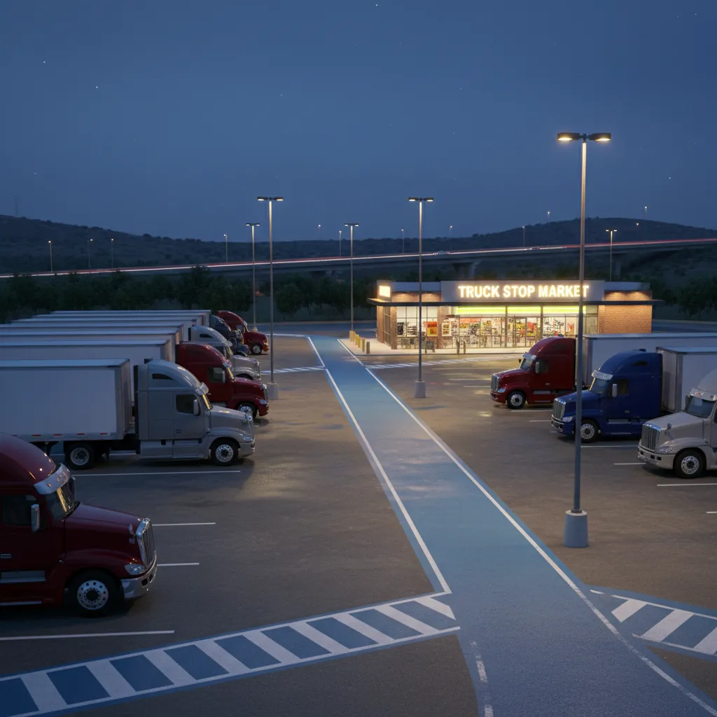 truck stop parking area with safe pedestrian path to service building