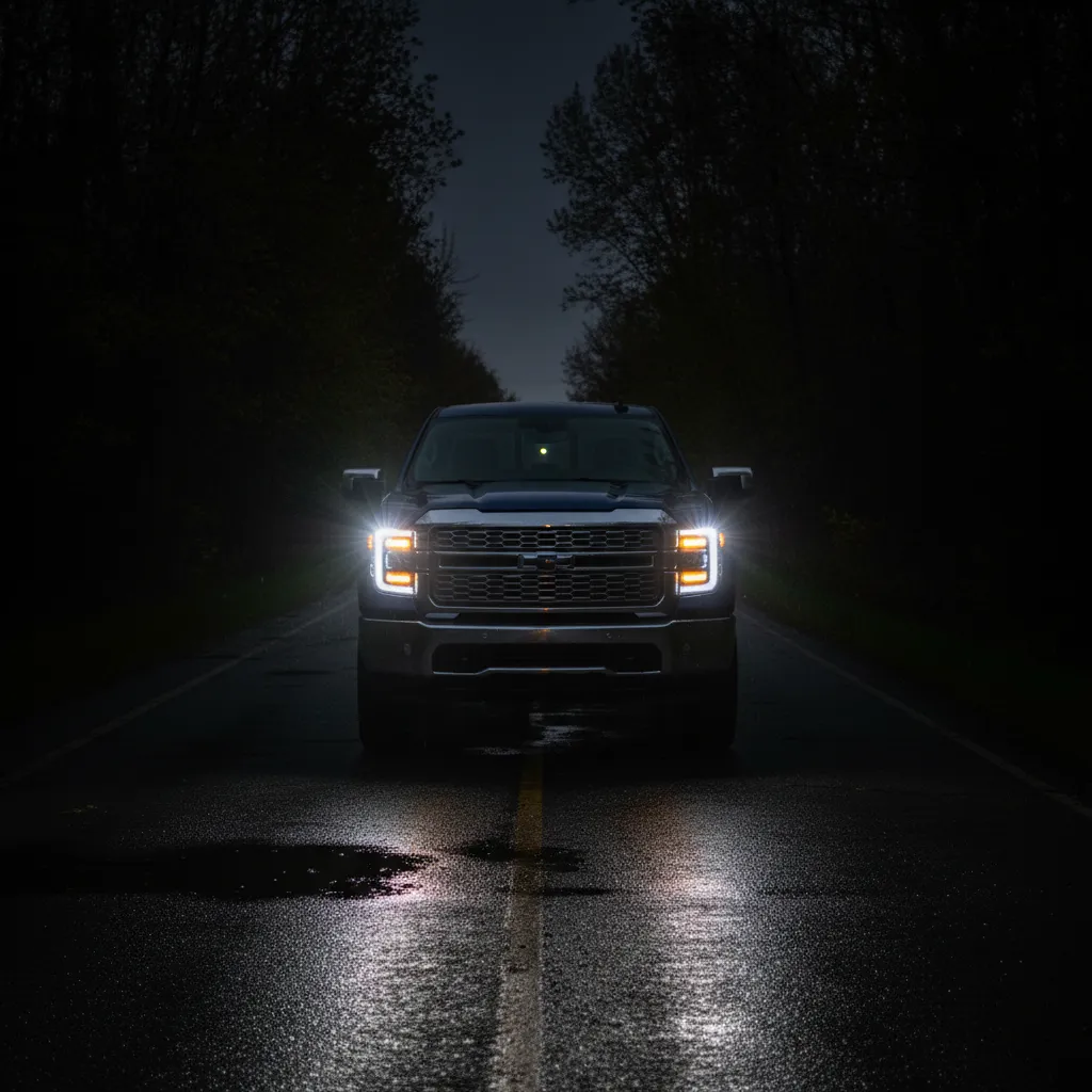 pickup truck headlights flashing in alternating strobe pattern at night