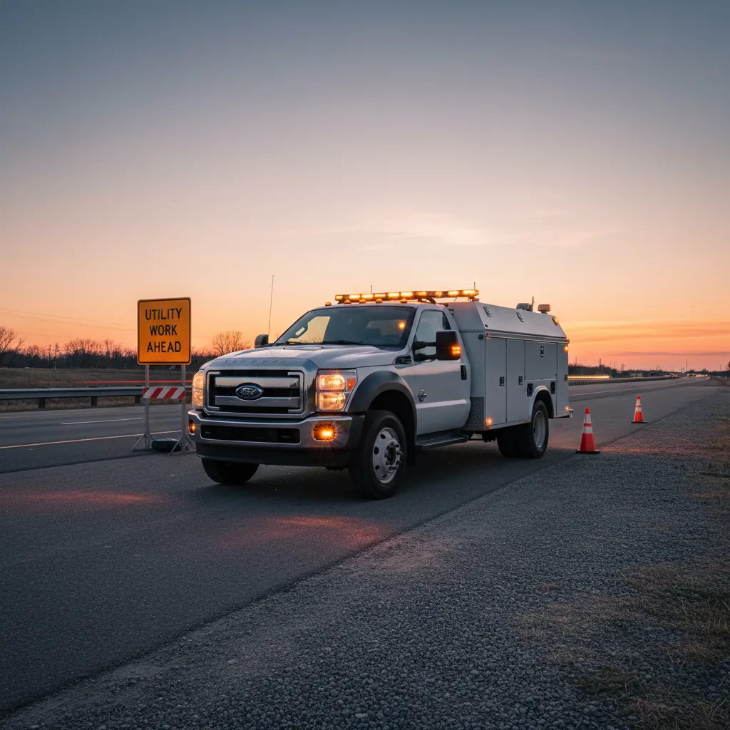 work truck with amber strobe lights parked on roadside
