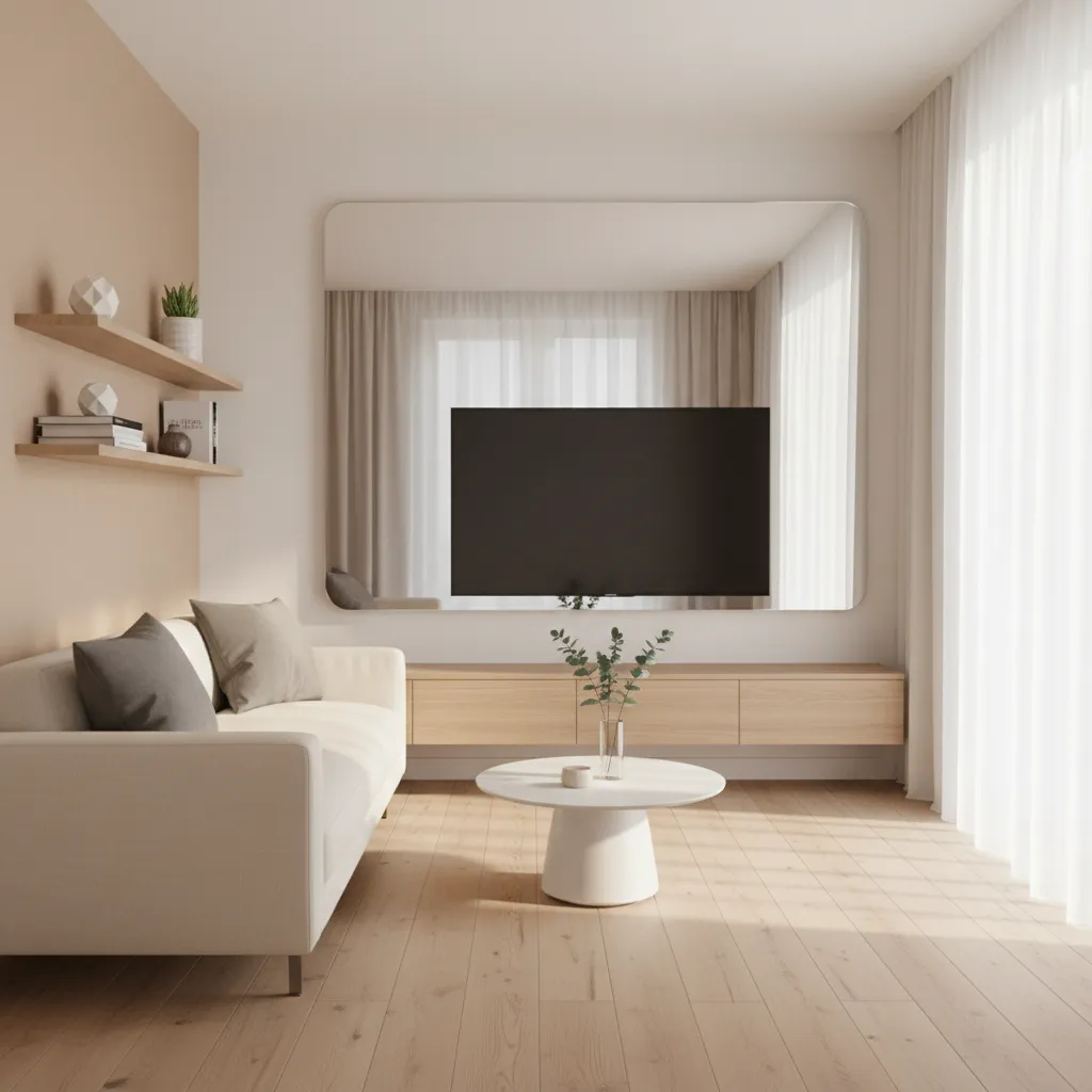 Sala pequeña con espejo grande y muebles flotantes que amplían el espacio