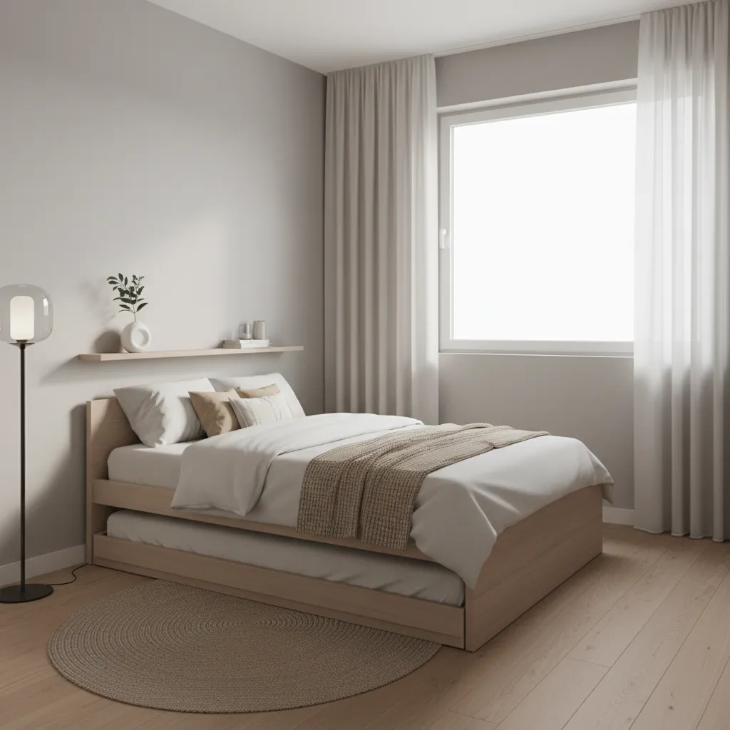 Trundle bed pulled out in compact guest bedroom
