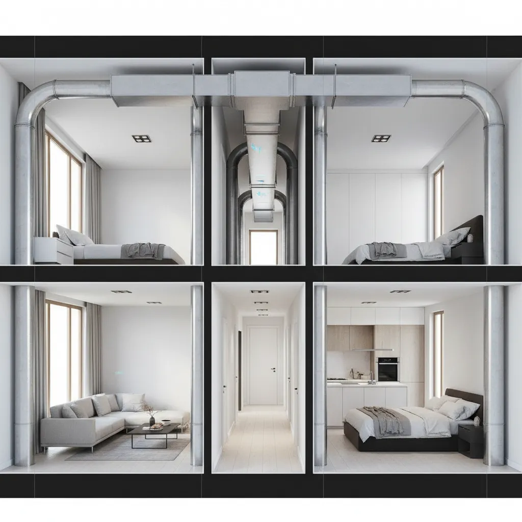 Visualization of trunk and branch HVAC duct system distributing air through a house