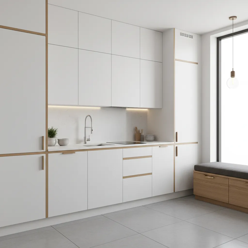 Minimalist white kitchen cabinets with wood trim a grey tiled floor and a window seat