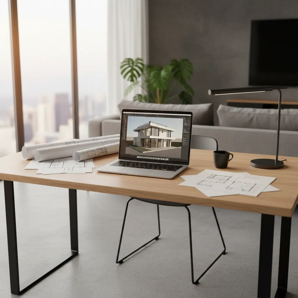 Laptop on a wooden desk showing a 3D house design next to paper floor plans