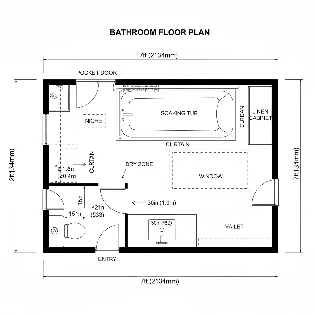 Bathroom floor plan showing soaking tub, toilet, linen cabinet, and room layout with labeled measurements