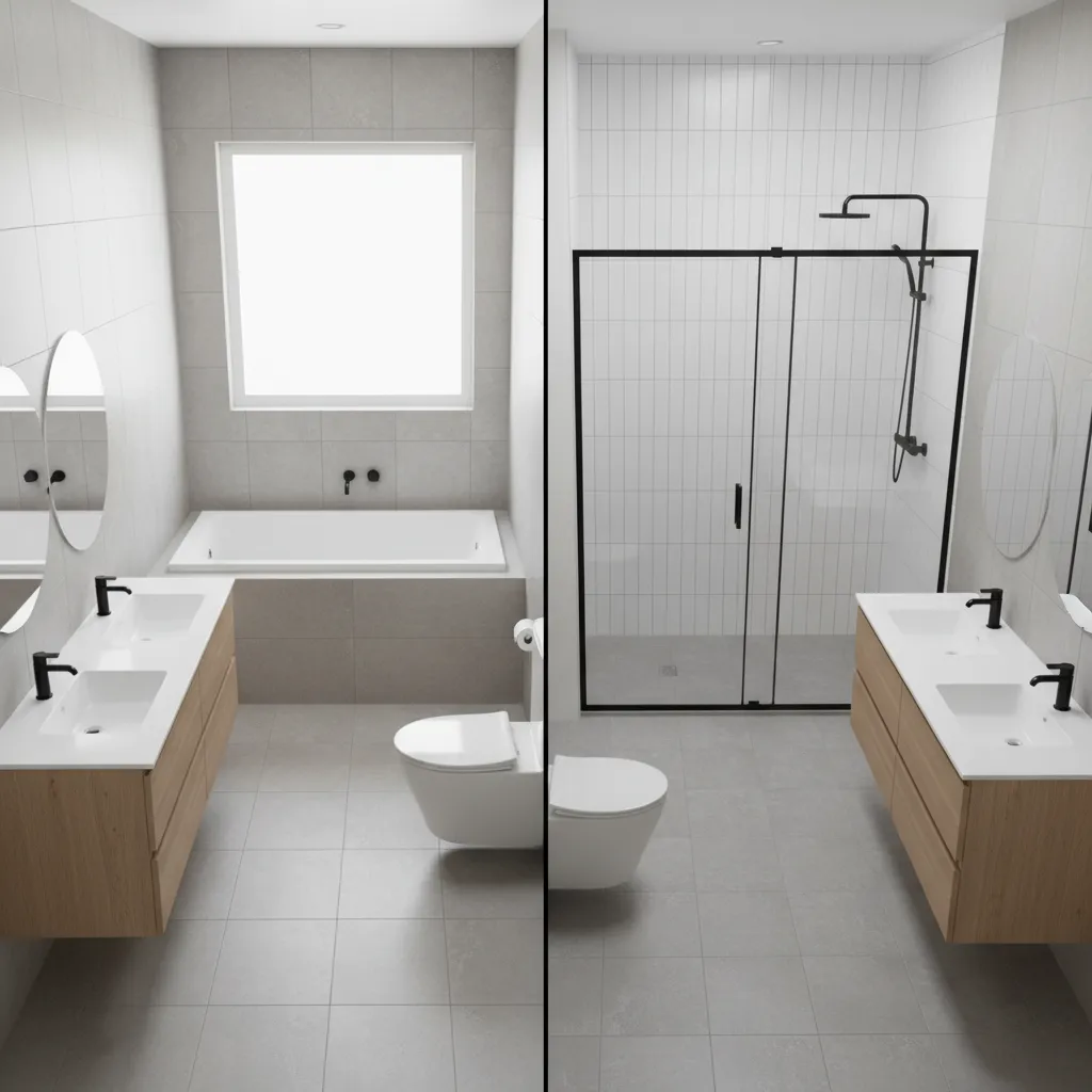 comparison of 6 x 10 bathroom with alcove tub versus shower layout