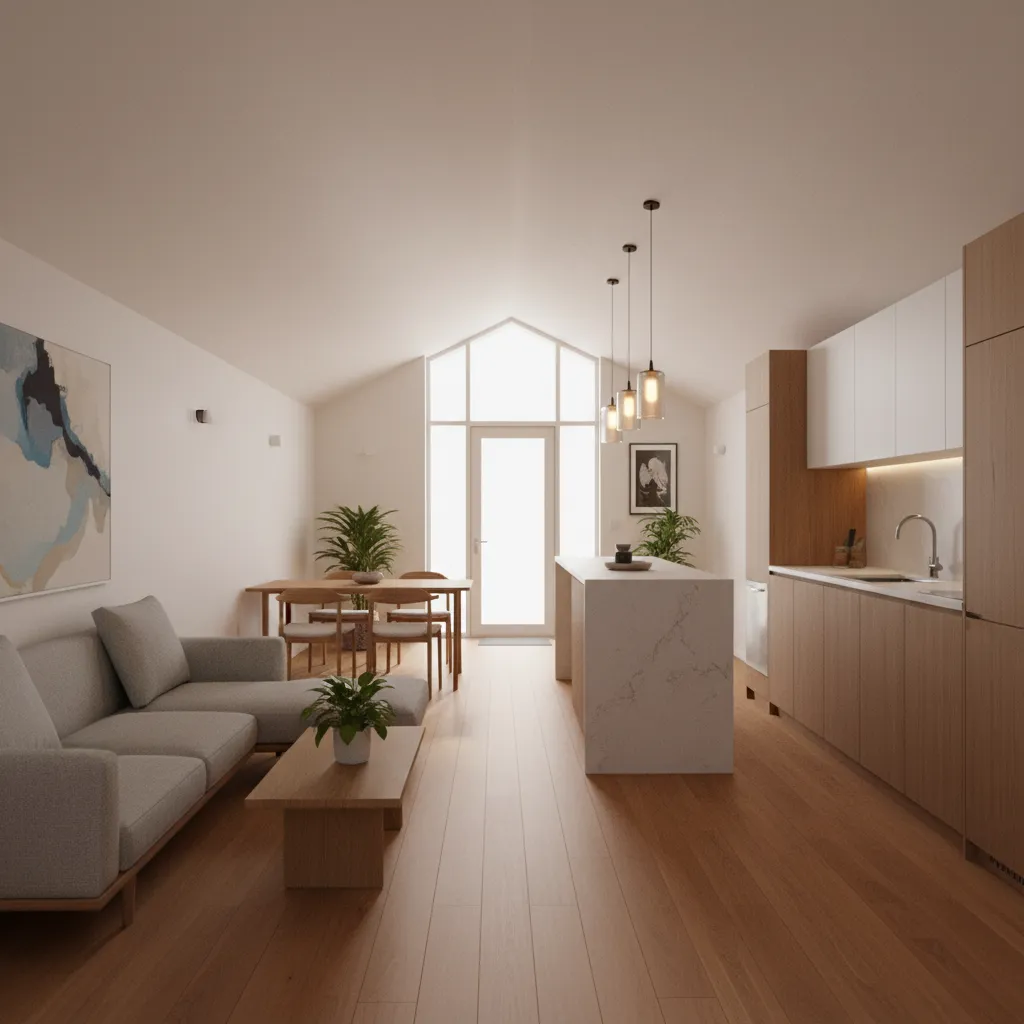 Open plan interior with grey sofa, kitchen island, wooden flooring, and natural light from windows