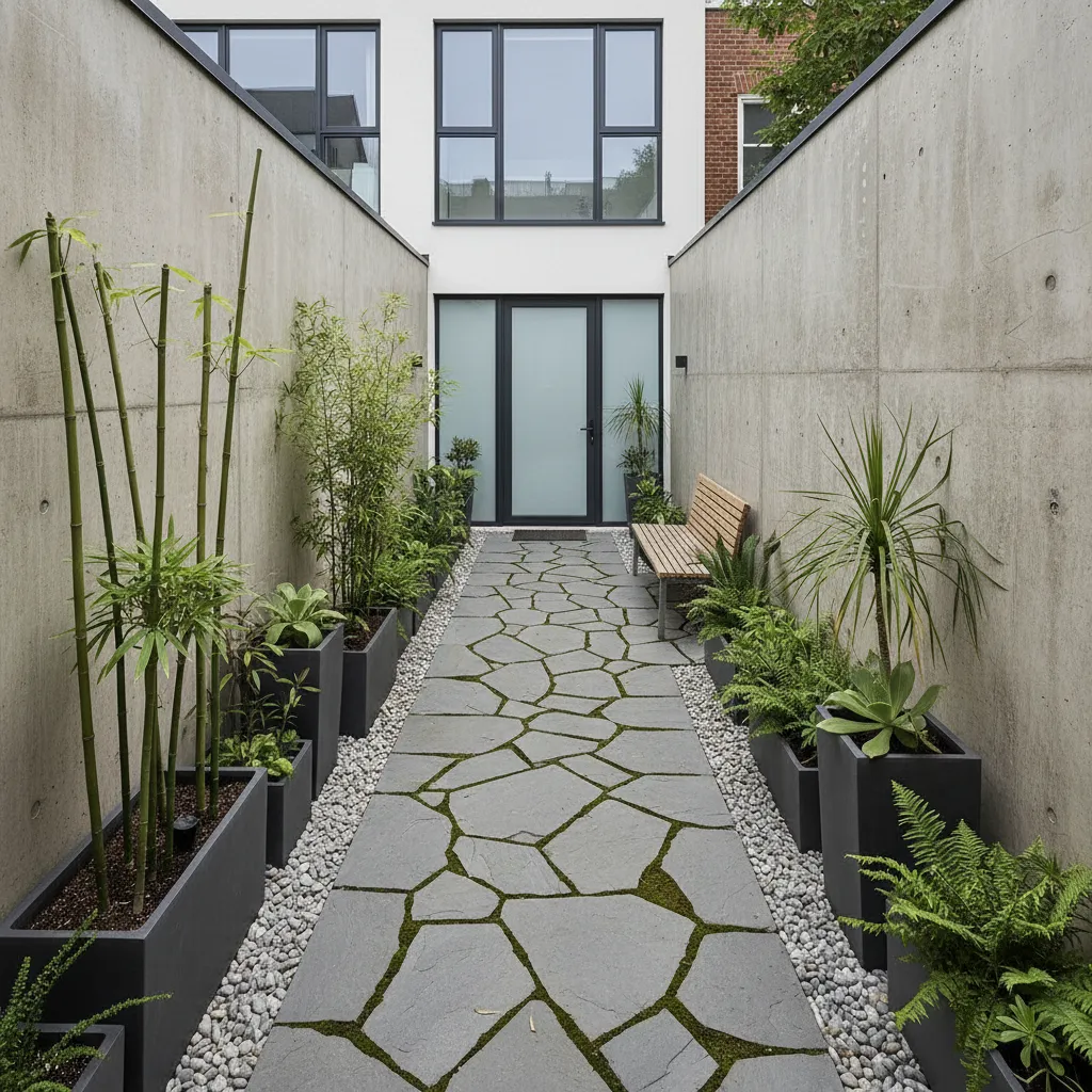 Bố trí sân sau nhà ống với lối đi và cây xanh