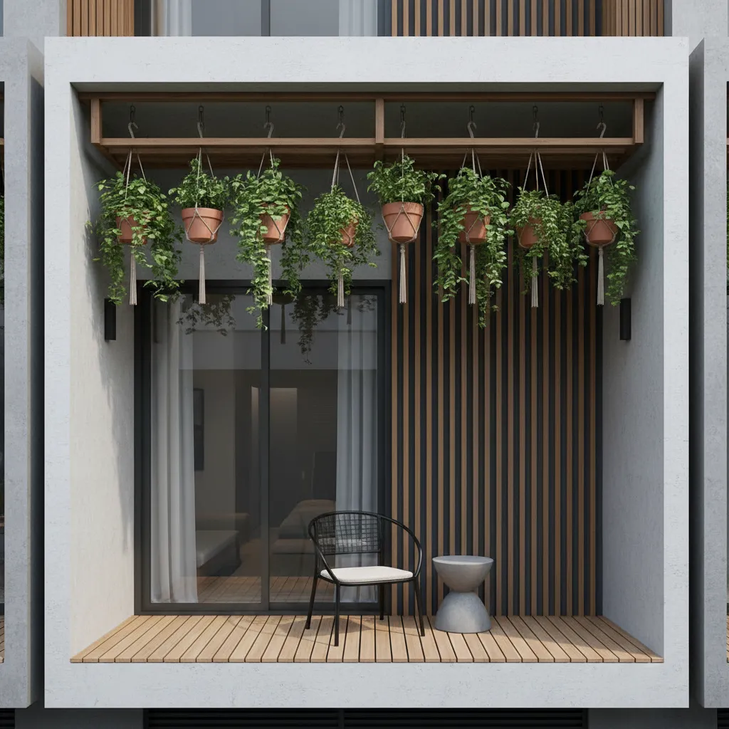 Ban công nhà ống nhỏ với ghế thư giãn và cây xanh