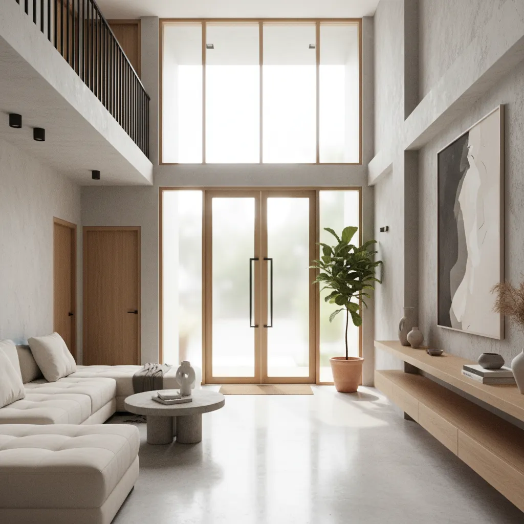 Cửa chính nhà ống với kính giúp ánh sáng vào phòng khách