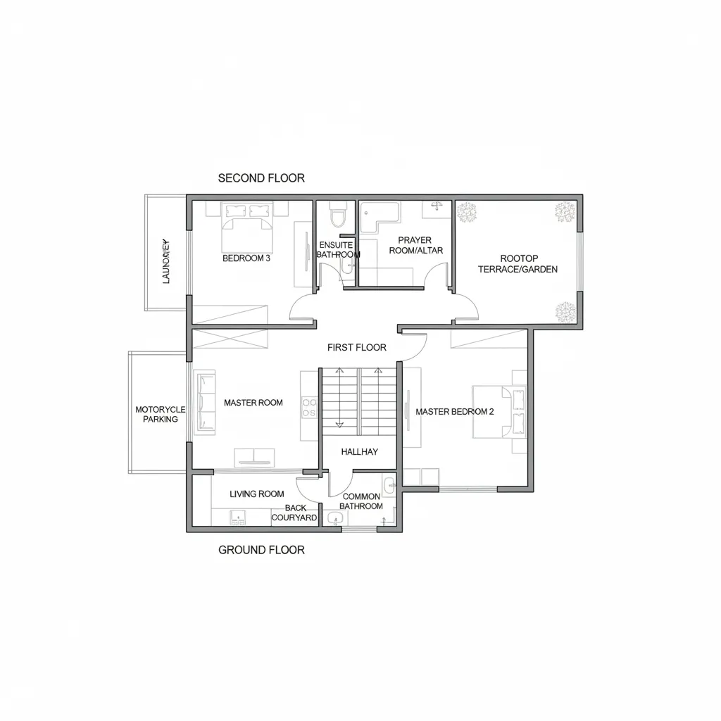 3 storey tube house floor plan layout showing room zoning