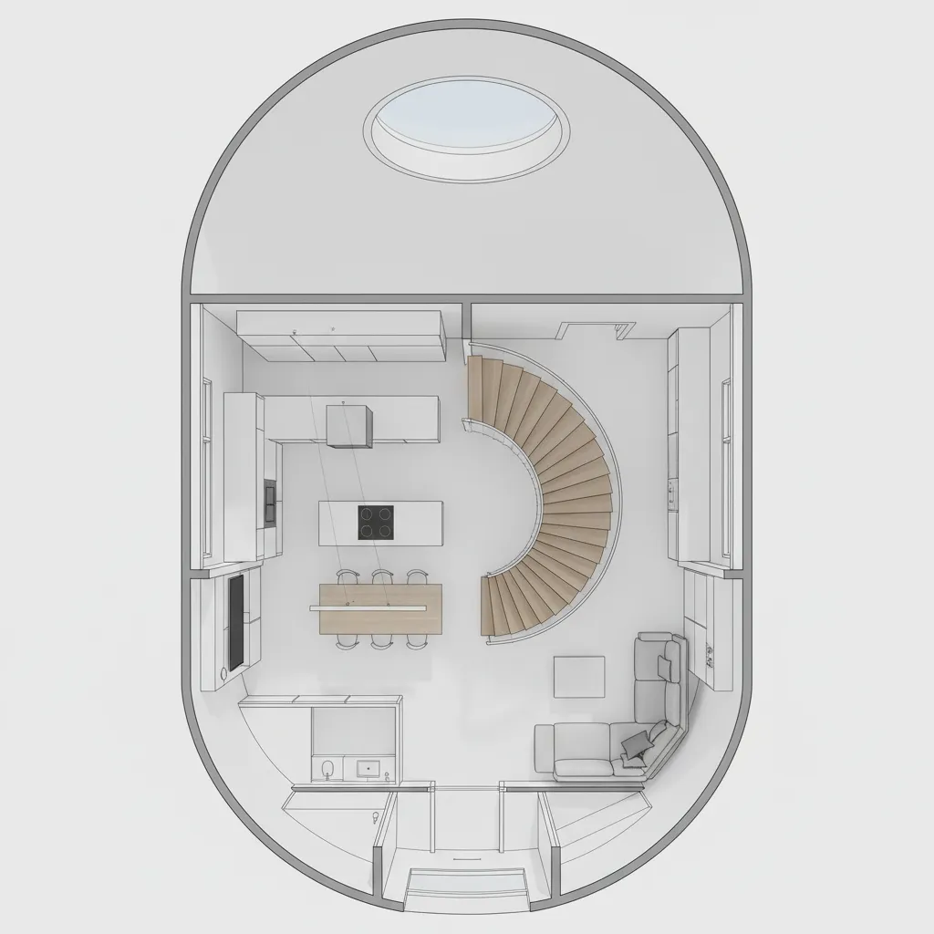 Top view interior design drawing showing kitchen dining table sofa and a curved wooden staircase