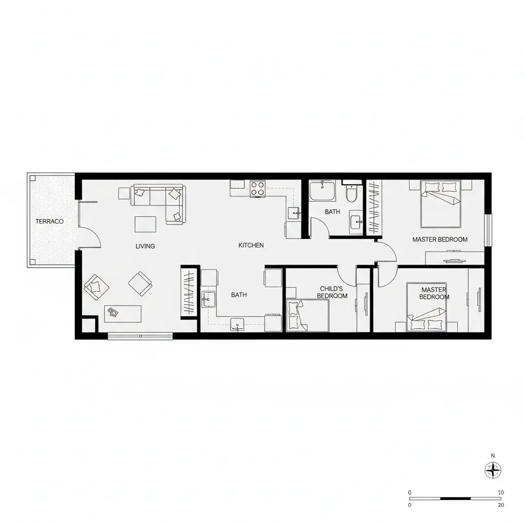 Simple 2D floor plan of a tube house including living area, kitchen, and two bedrooms