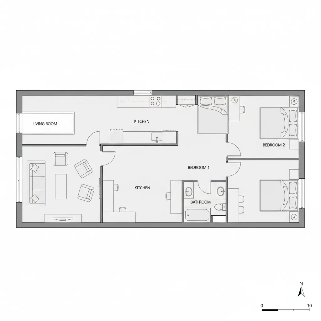 Simple 2D floor plan layout showing living room kitchen bathroom and two bedrooms with furniture