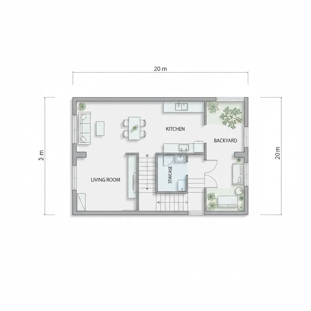 Sơ đồ mặt bằng nhà ống 5x20 với phòng khách cầu thang và bếp