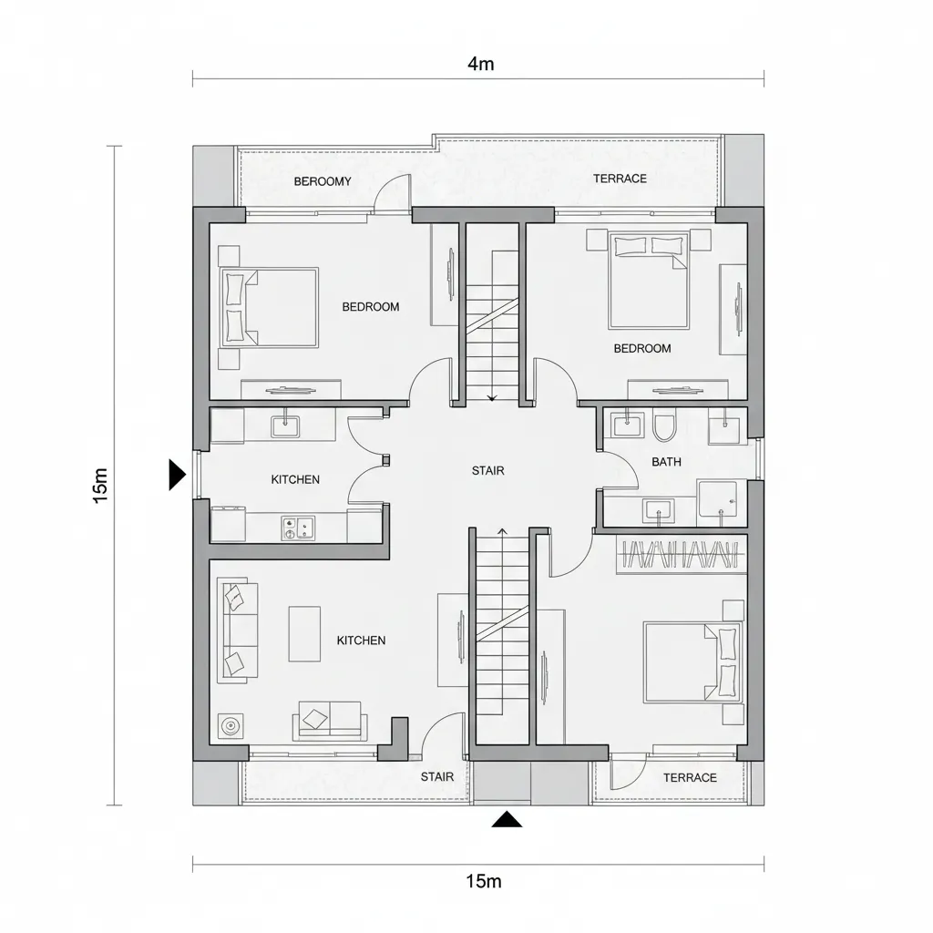 Detailed floor plan layout including bedrooms kitchen bathroom stairs and terrace with labeled room dimensions