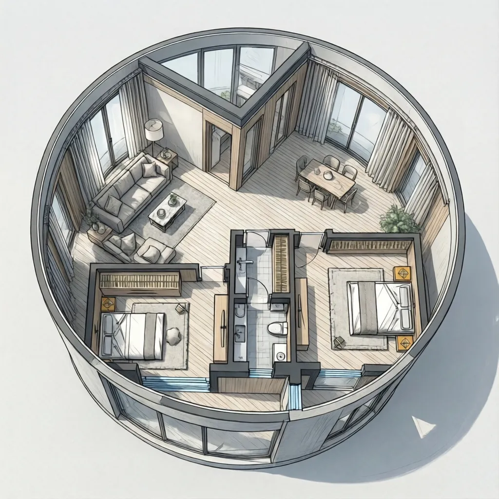 Circular room layout drawing showing two bedrooms, living area, dining table, bathroom, and wooden floors