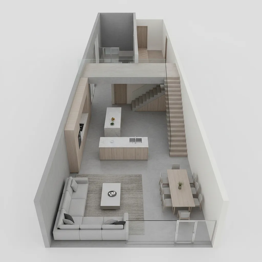 Interior design drawing showing narrow room layout with sofa dining table kitchen islands and stairs