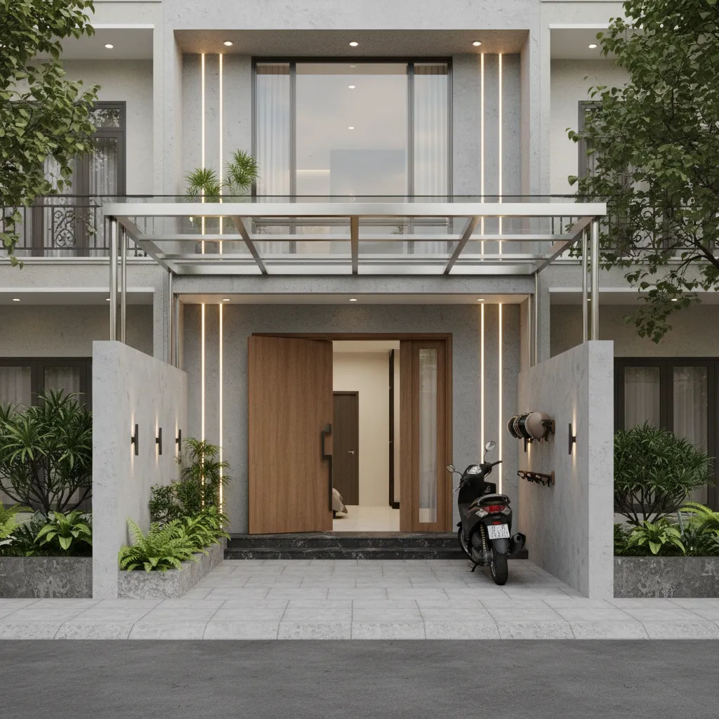 Sân trước nhà ống với mái che kính cường lực