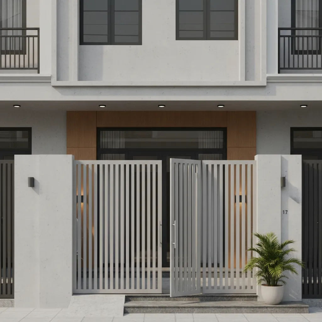 Thiết kế cổng nhà ống kết hợp lam thép và khoảng thoáng