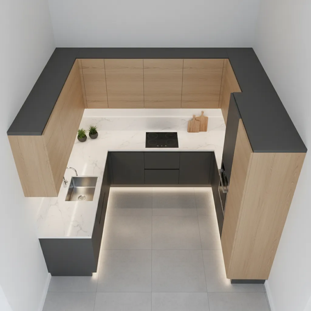 Modern kitchen design with wood upper cabinets dark grey lower cabinets white marble countertop view