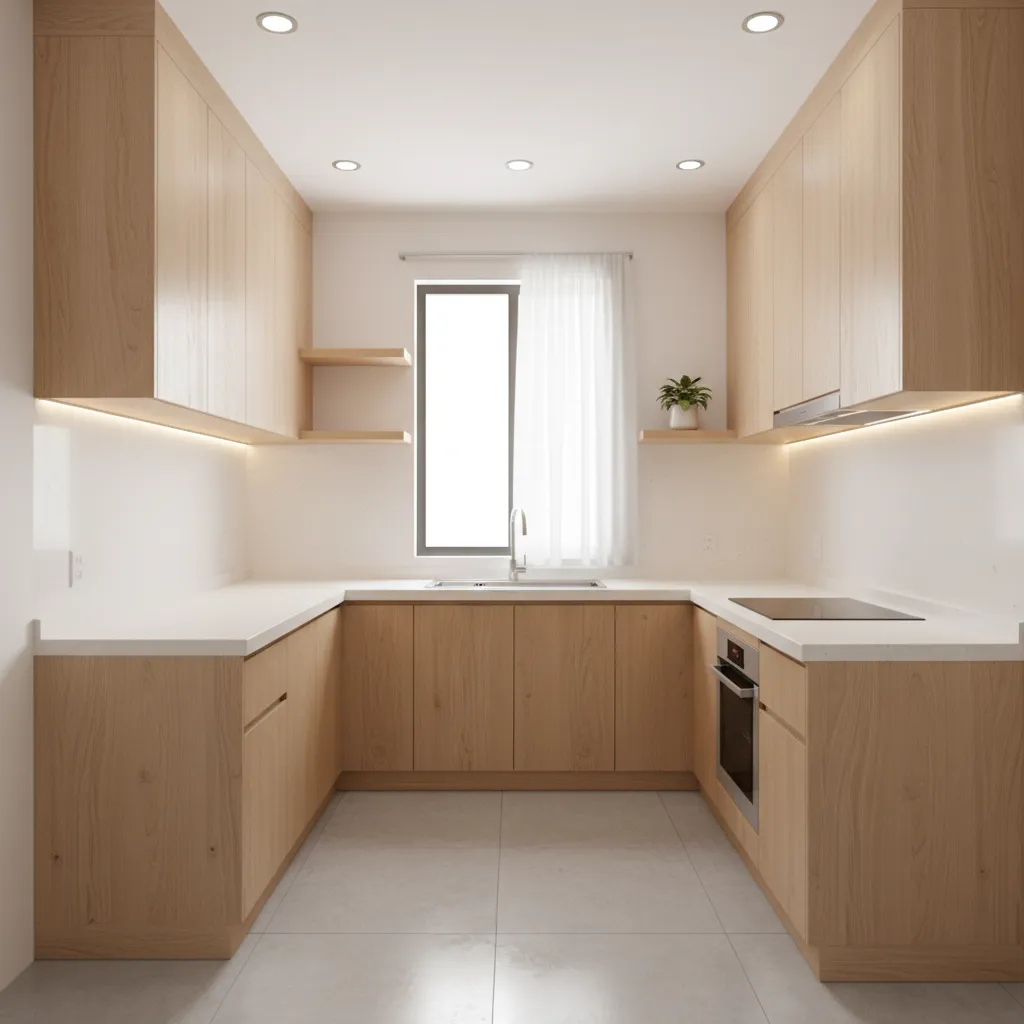 Modern U-shaped kitchen with light wooden cabinets white countertops small window and simple ceiling lights