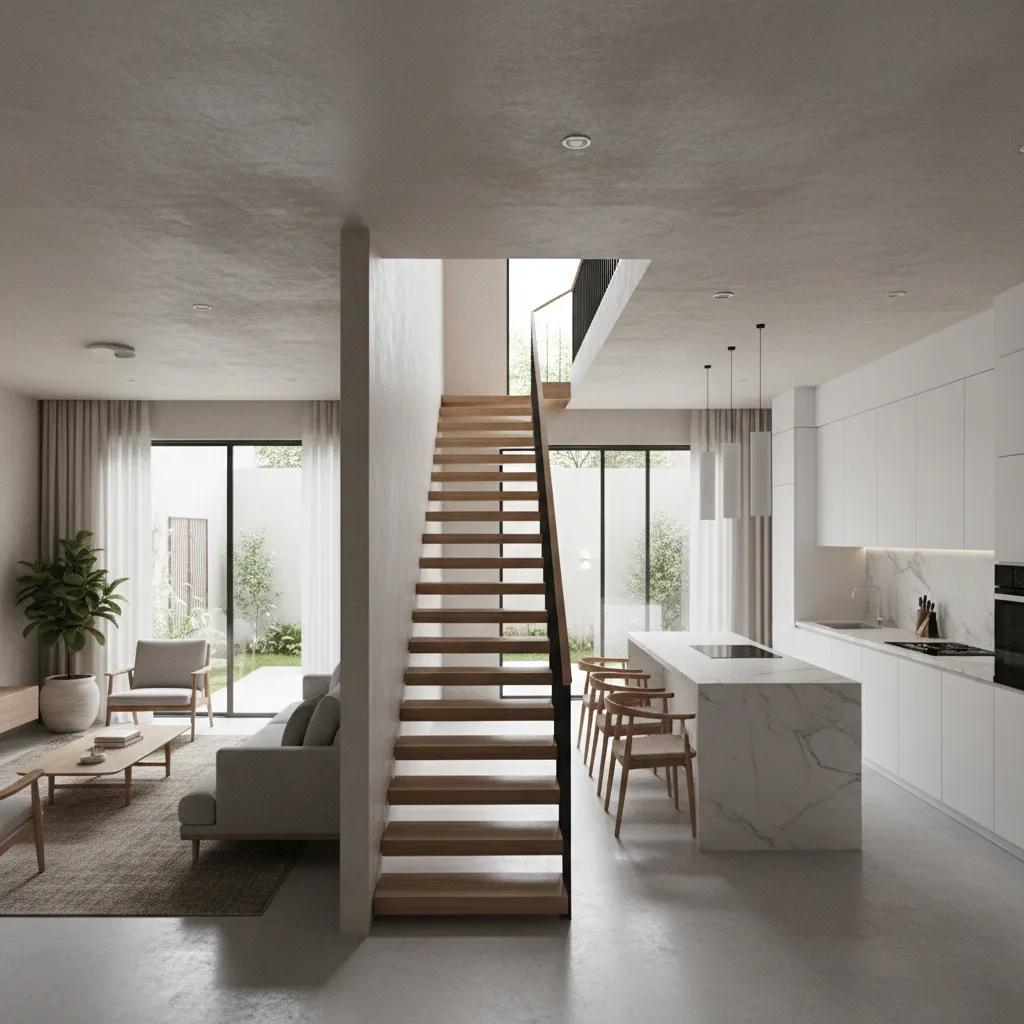Open layout tube house with living room and kitchen connected