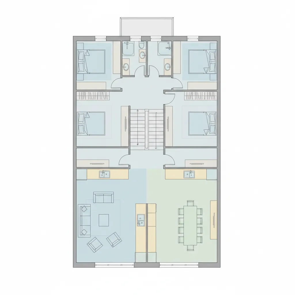A detailed 2D floor plan layout showing four bedrooms bathrooms living room and dining area