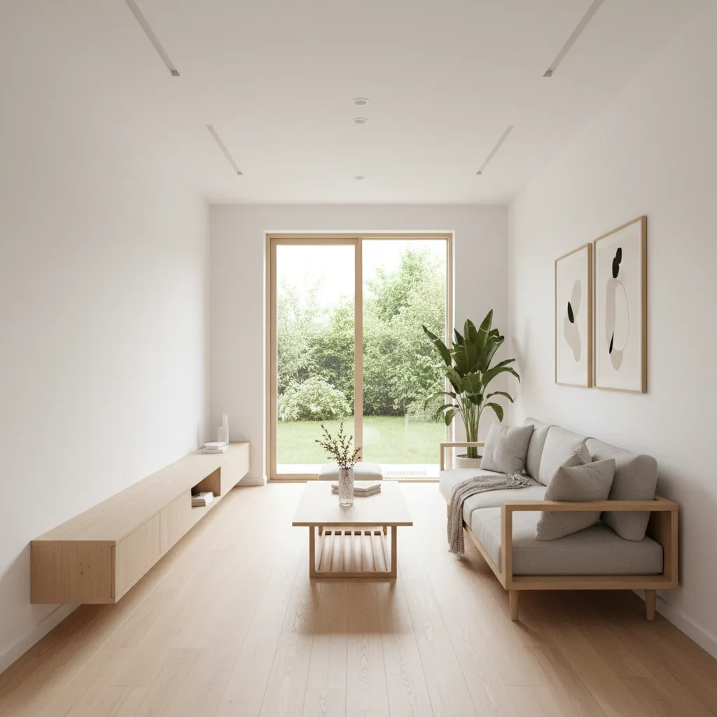 Minimalist living room with a grey sofa, wood cabinet, coffee table, wooden floor, garden door