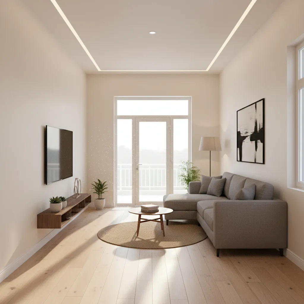 Bright living room with grey sofa wood floor round rug wall TV and glass door