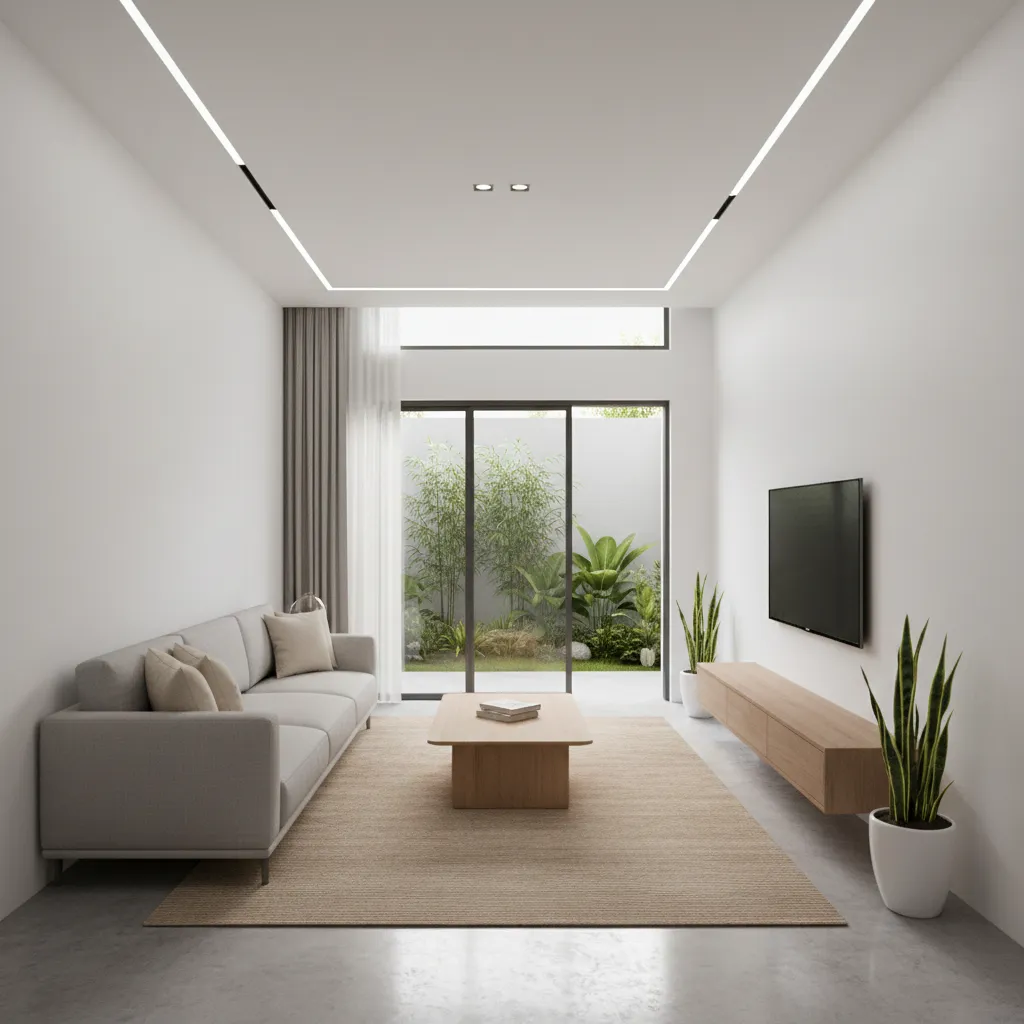 Minimalist interior with beige sofa round rug wooden bookshelves and glass doors at the end