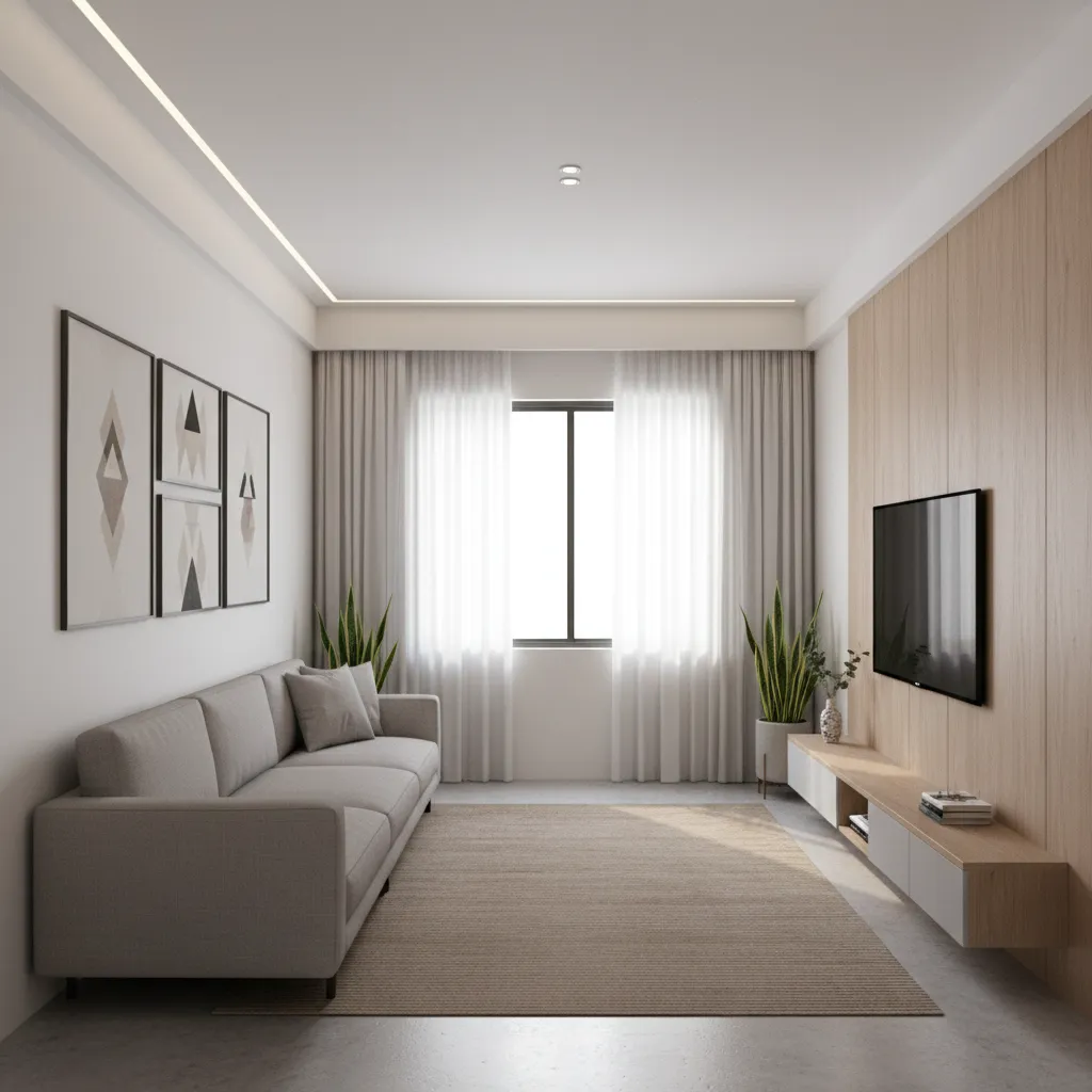 Không gian phòng khách nhà ống với sofa băng và bố cục dọc