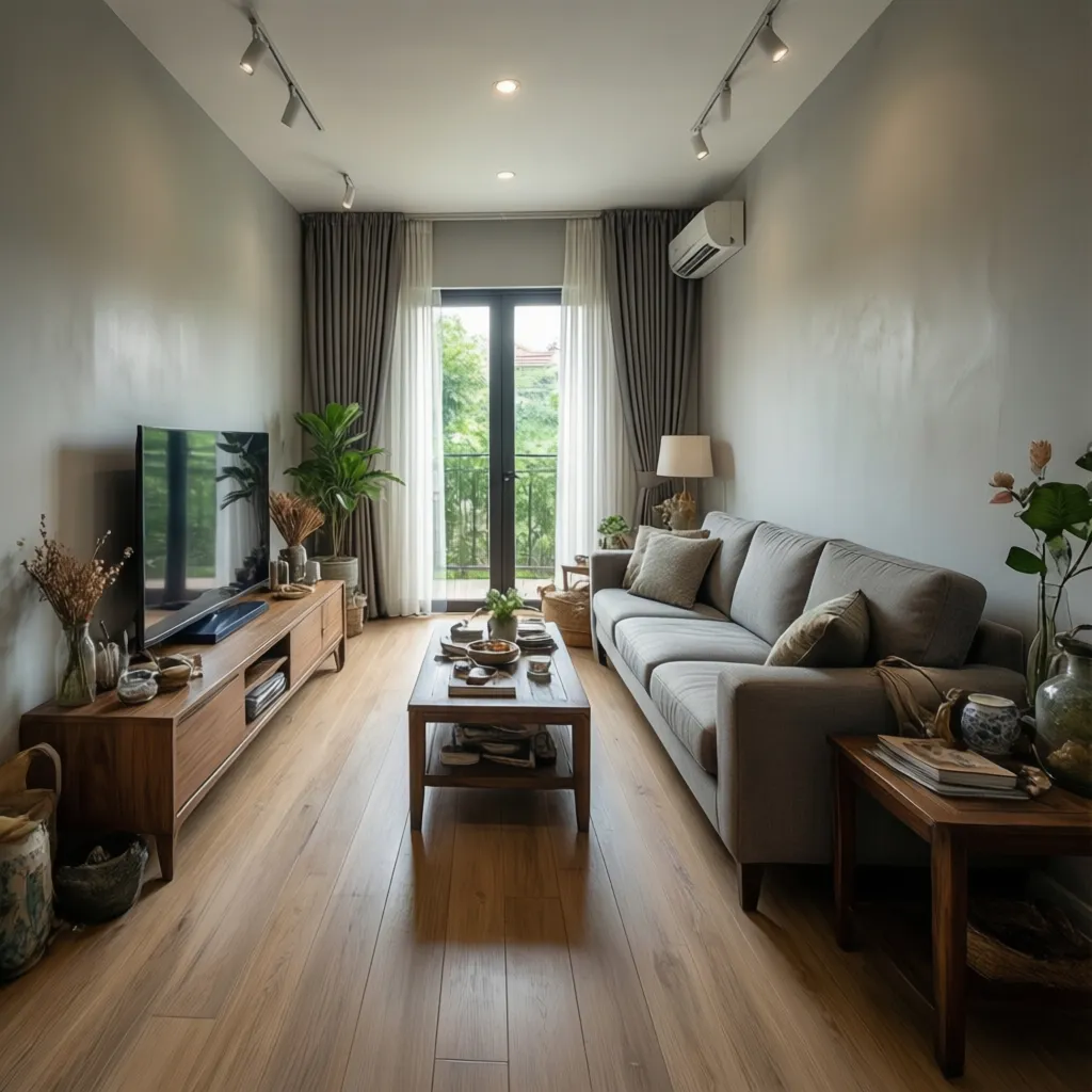 Không gian phòng khách nhà ống bố cục dài với sofa và tường TV