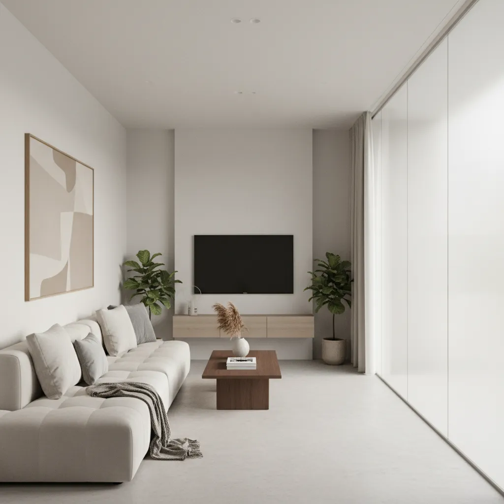 Bố cục phòng khách nhà ống với sofa sát tường và lối đi rộng