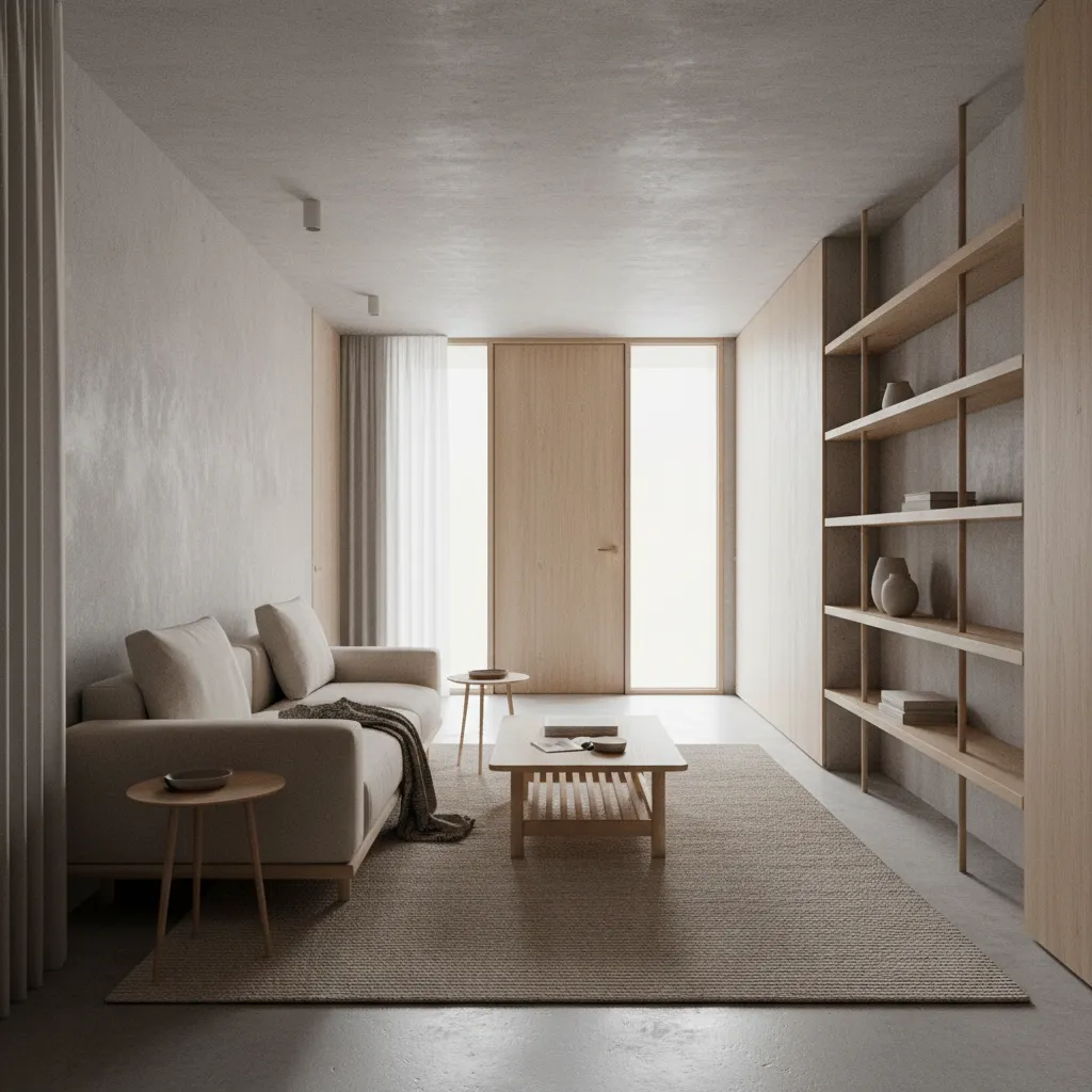 Minimalist living room with beige sofa wooden coffee table rug and open wooden wall storage
