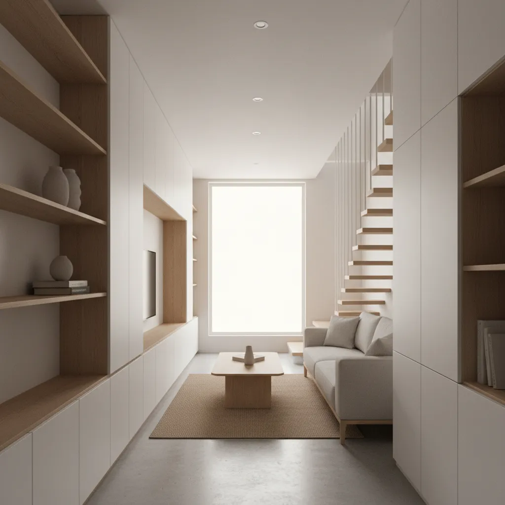 Minimalist living room featuring white cabinets wooden shelves small sofa coffee table and open staircase