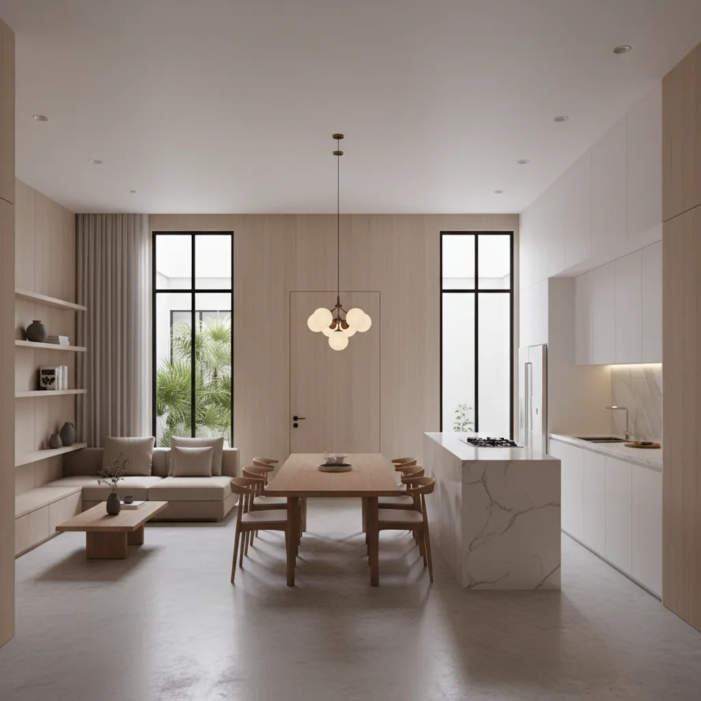 Open plan room with wood wall panel dining table marble kitchen island and ceiling light