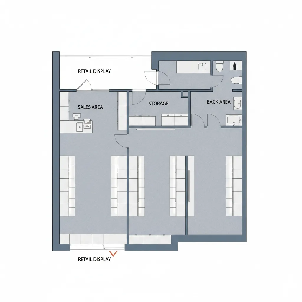 Retail shop floor plan showing sales area, storage room, back area, and various product display