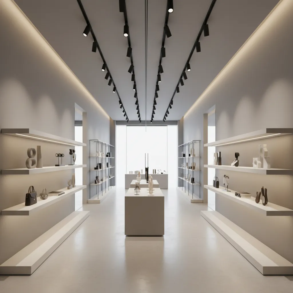 Modern retail boutique featuring white wall shelves, center display tables, and black ceiling track lights