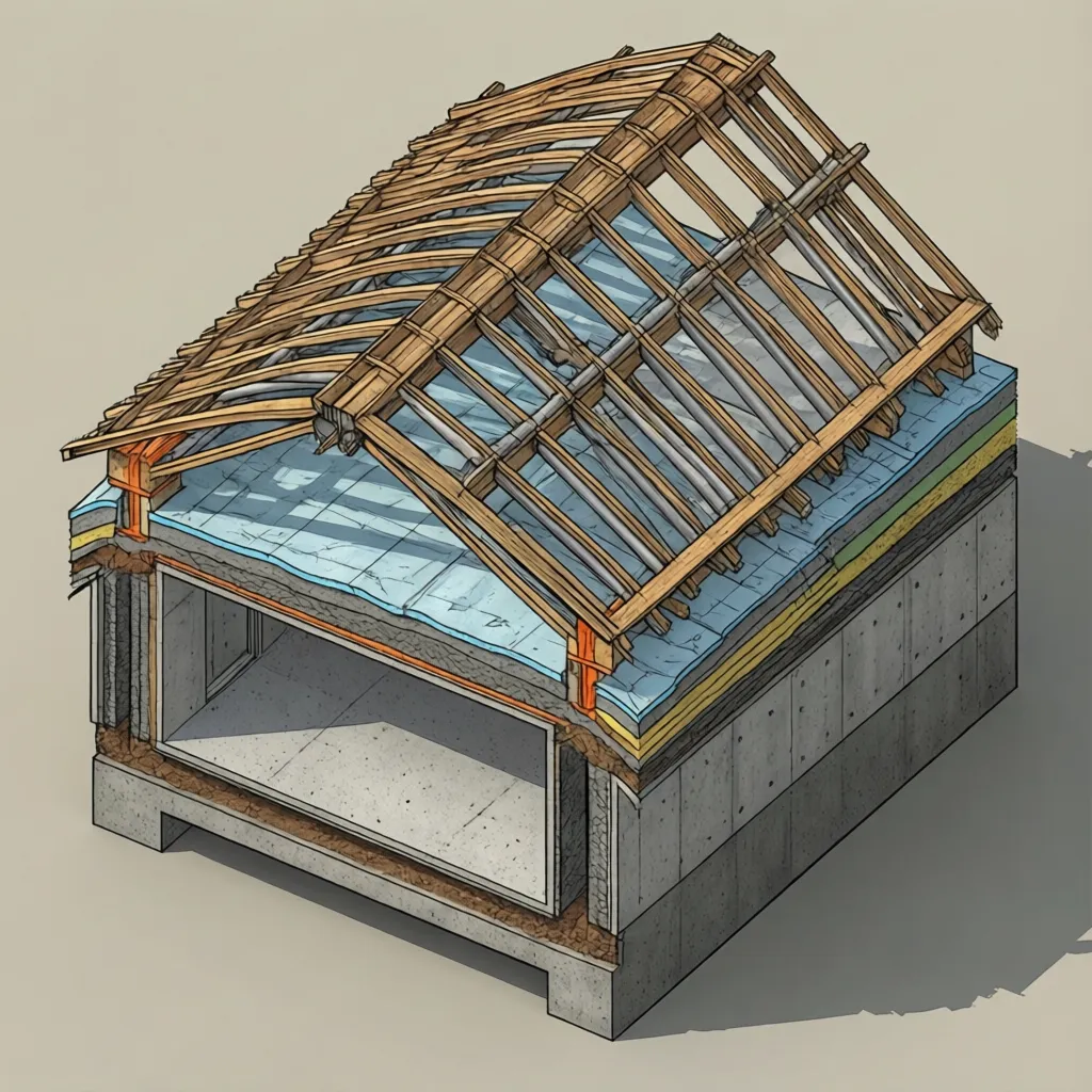 Architectural section showing tube house roof structure layers