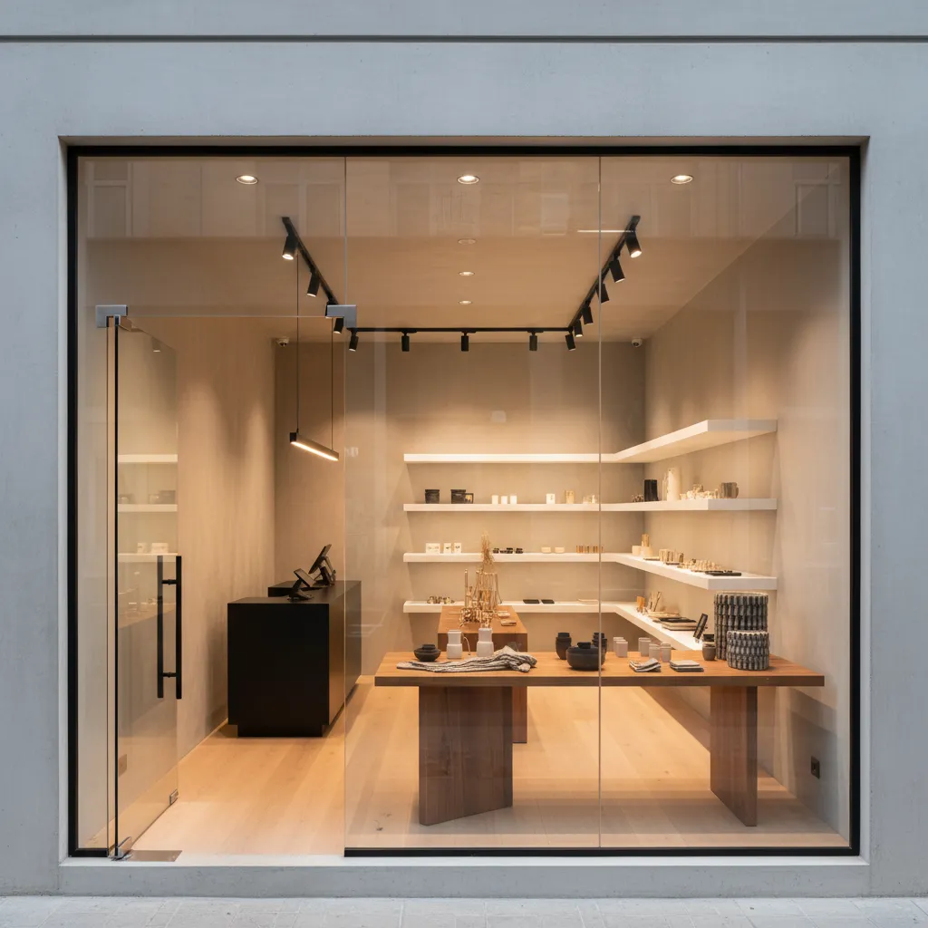 Minimalist retail shop front with glass entrance wooden table white wall shelves and light fixtures